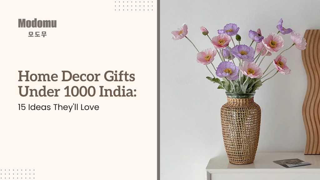 Wicker vase with pink and purple artificial flowers on a table, modern home decor gift idea
