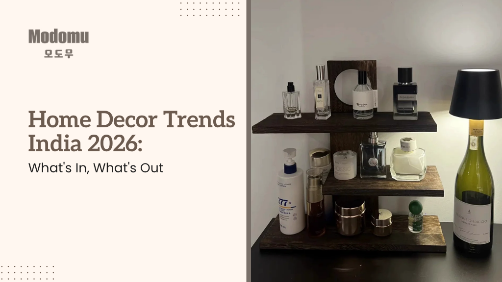 Modern minimalist wooden shelf with perfumes, skincare bottles, candles, and a wine bottle lamp.