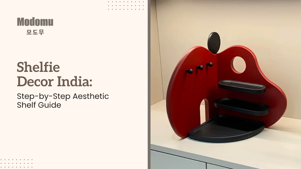 Modern red and black minimalist display shelf with geometric design on a neutral surface