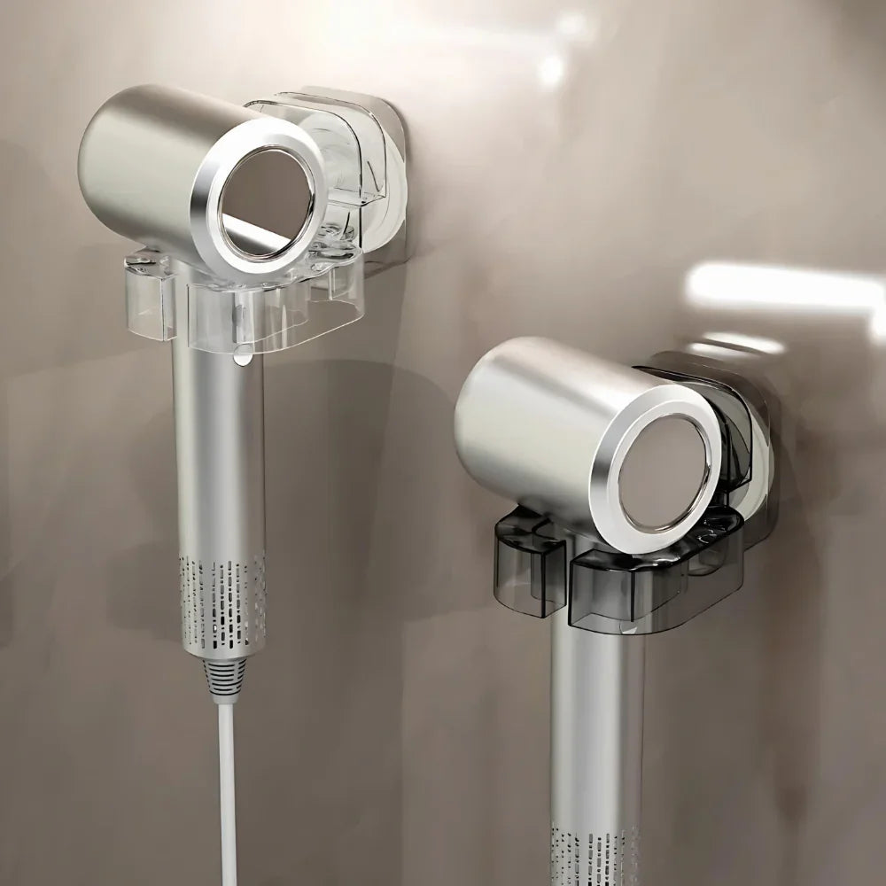 Minimalist wall-mounted holders with modern silver hair dryers in a bathroom setting