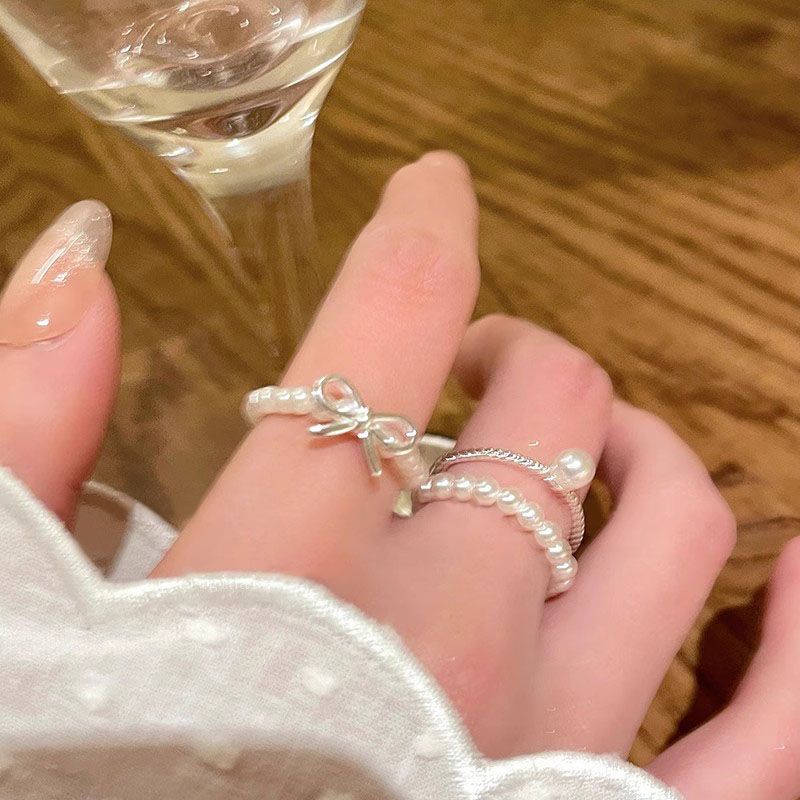 Bow Pearl Beaded Ring Set - Modomu