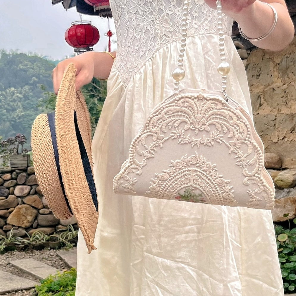 French Lace Pearl Evening Bag