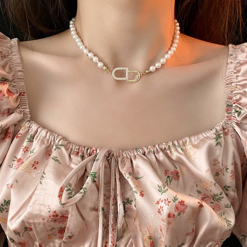 Gold Zircon Pearl Letter Necklace