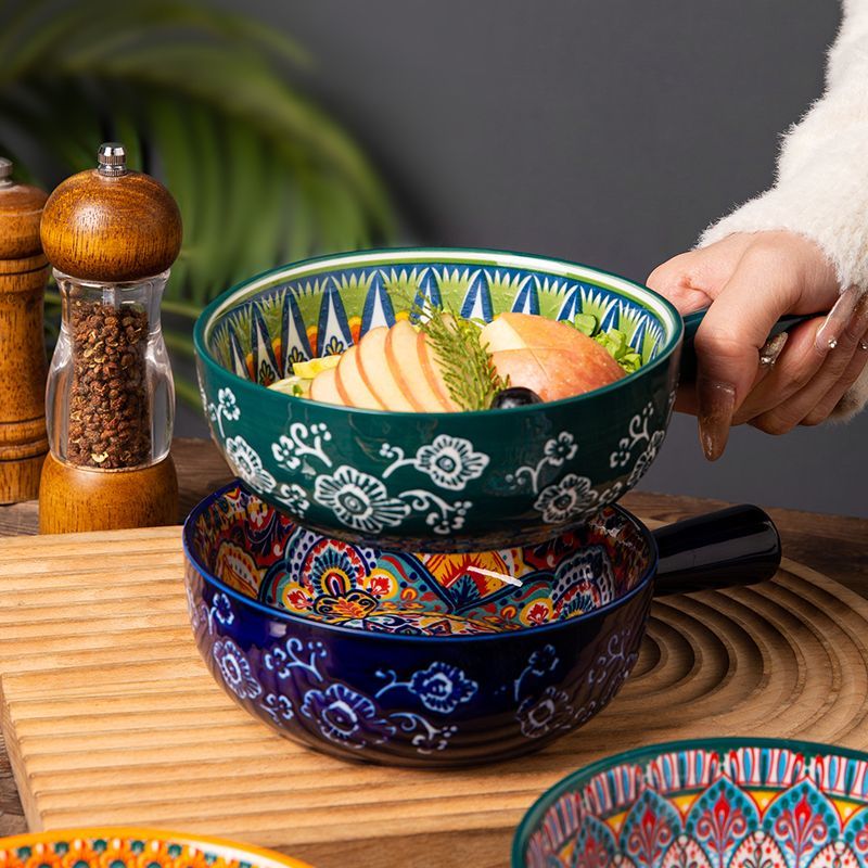 Folk Pattern Handled Serving Bowl