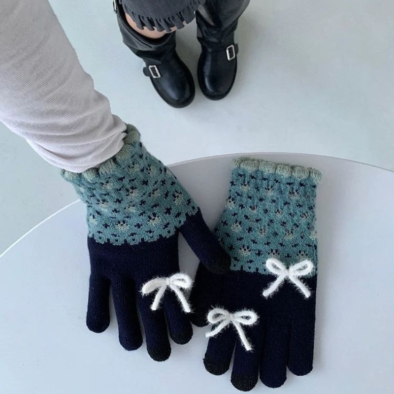 Retro Floral Bow Winter Gloves