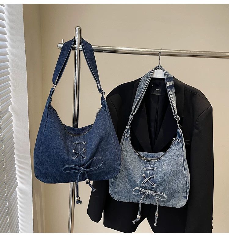 Corset Bow Denim Shoulder Bag