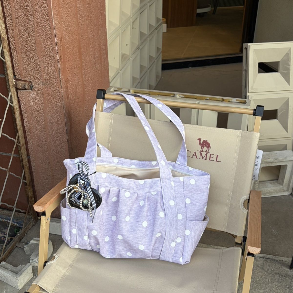 Pleated Dot Canvas Tote