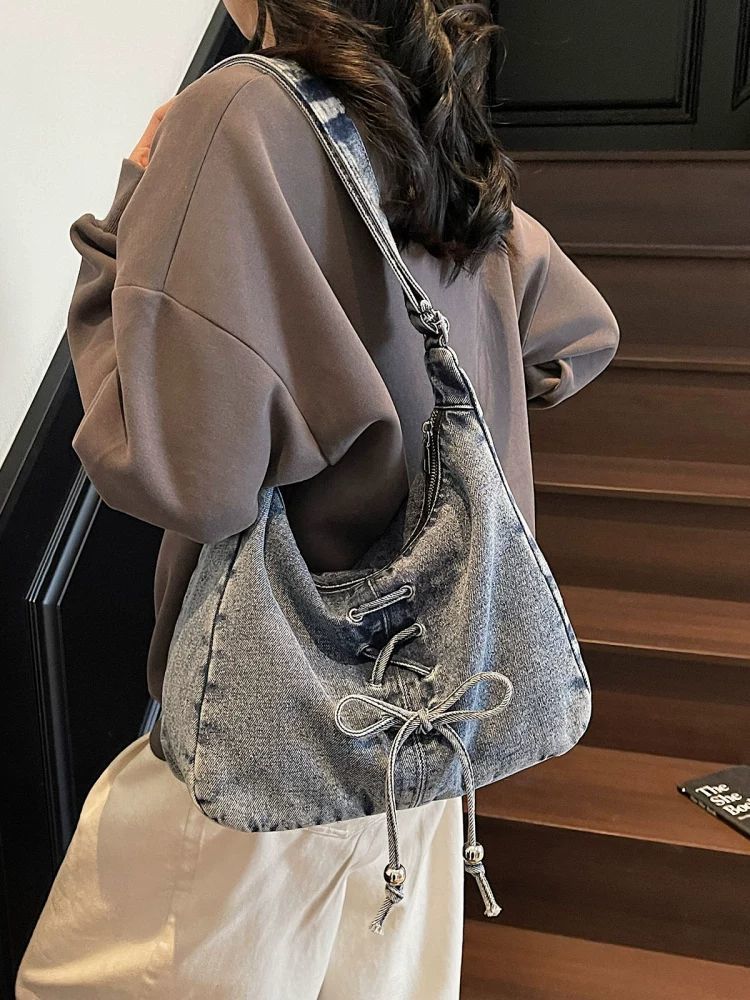 Corset Bow Denim Shoulder Bag