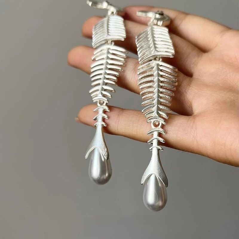 Fish Bone Pearl Stud Earrings