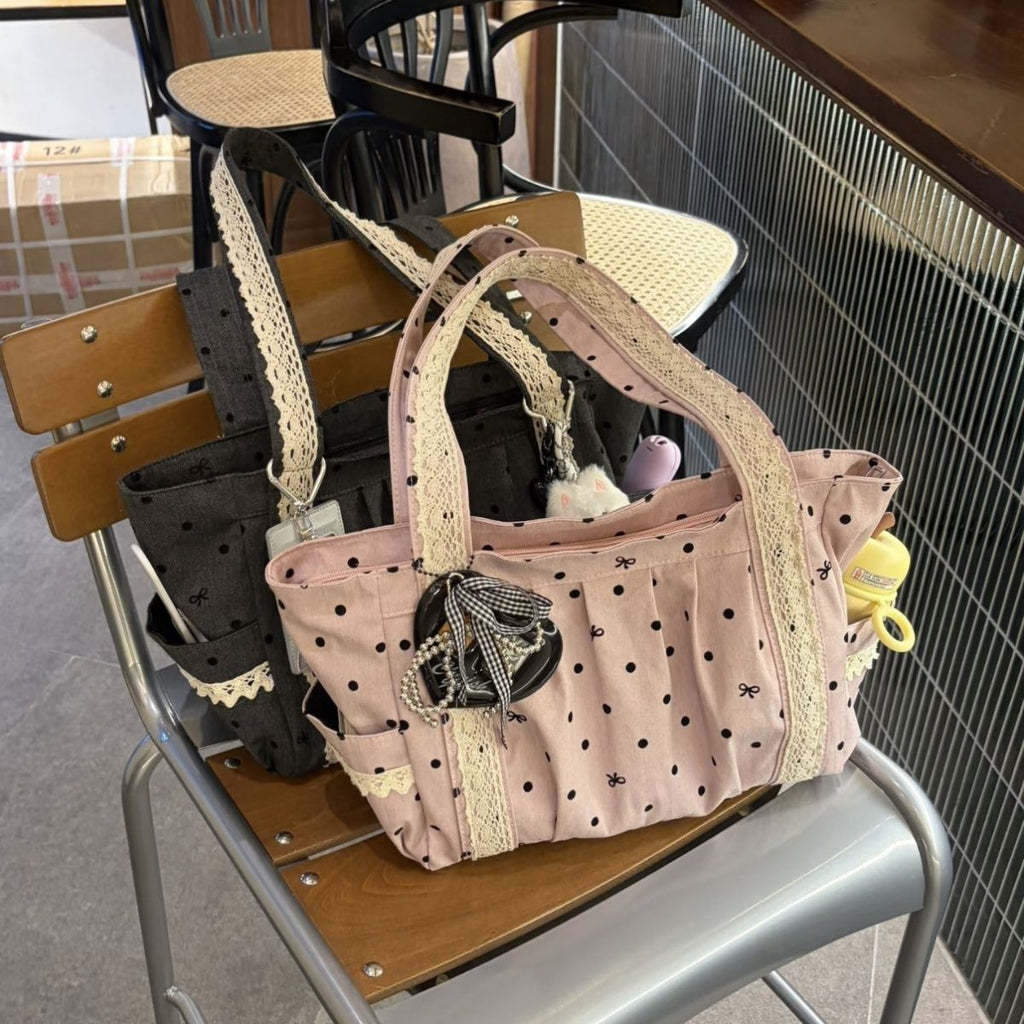 Lace Trim Dotted Tote