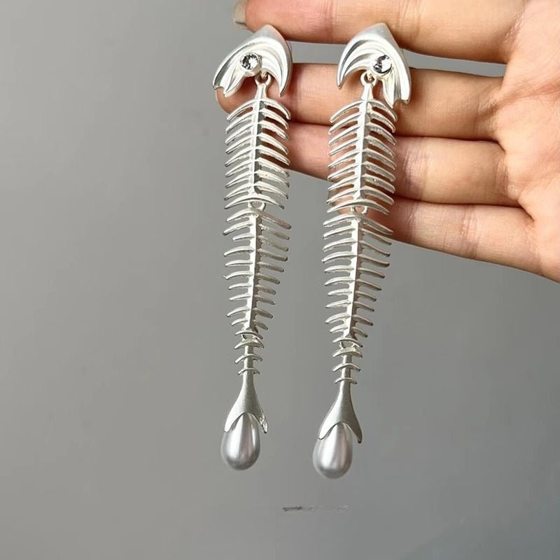 Fish Bone Pearl Stud Earrings