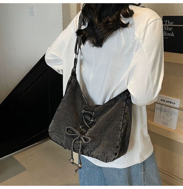 Corset Bow Denim Shoulder Bag