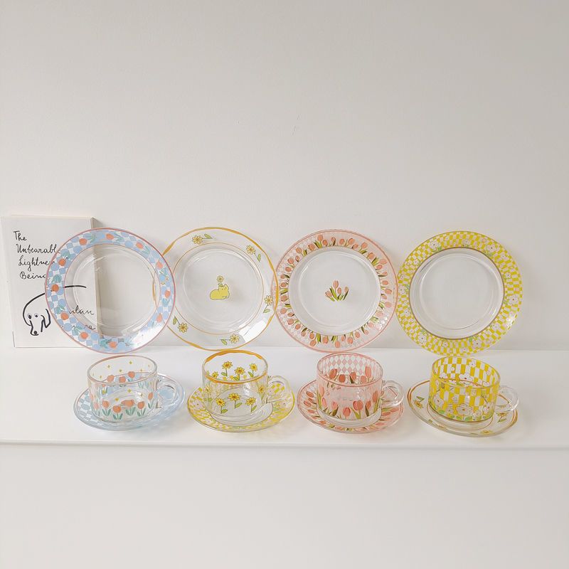 Chequer Print Glass Cup and Saucer