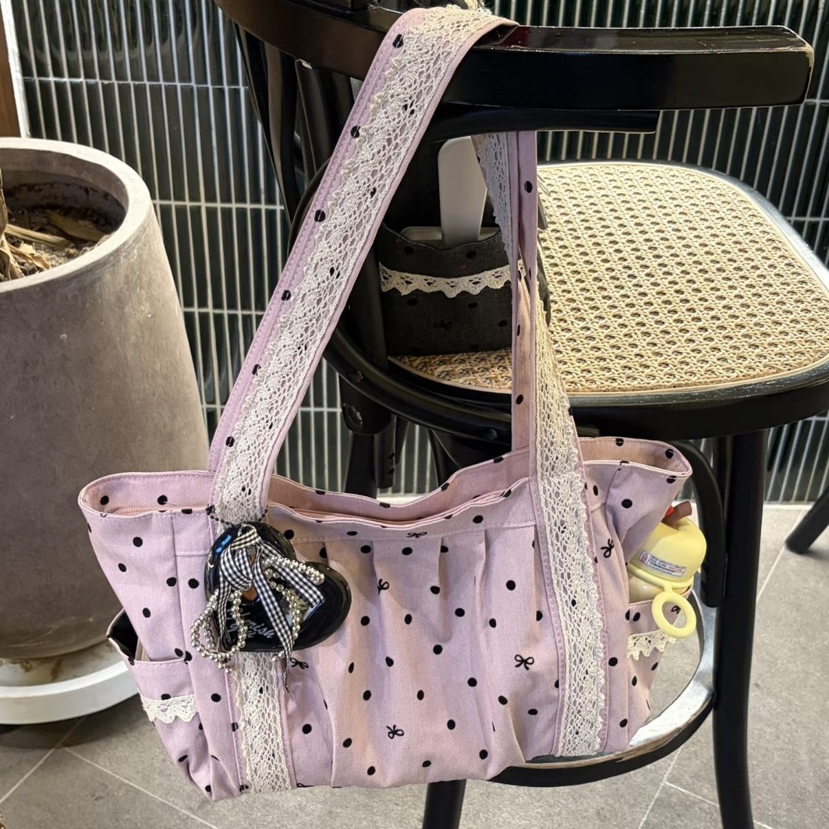 Lace Trim Dotted Tote