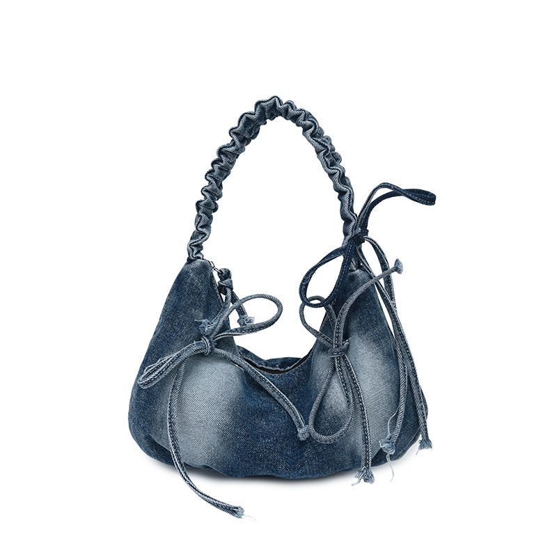 Ruched Denim Bow Shoulder Bag