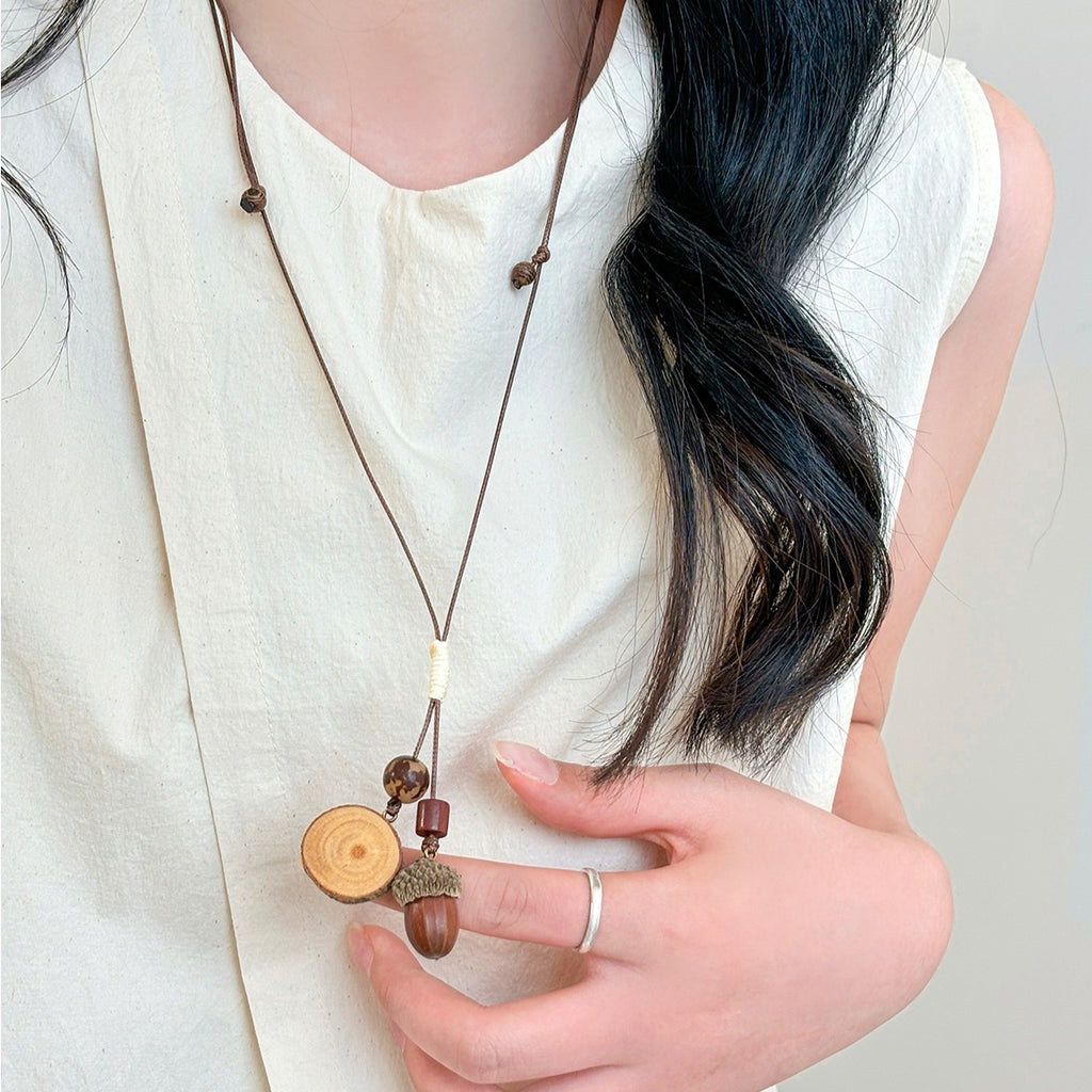 Retro Wooden Acorn Pendant Necklace
