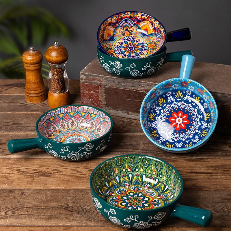 Folk Pattern Handled Serving Bowl