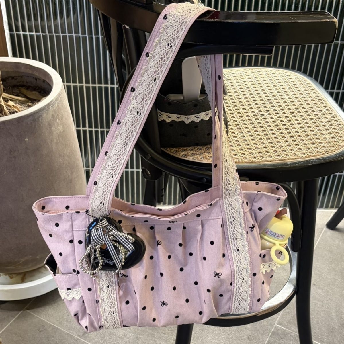 Lace Trim Dotted Tote