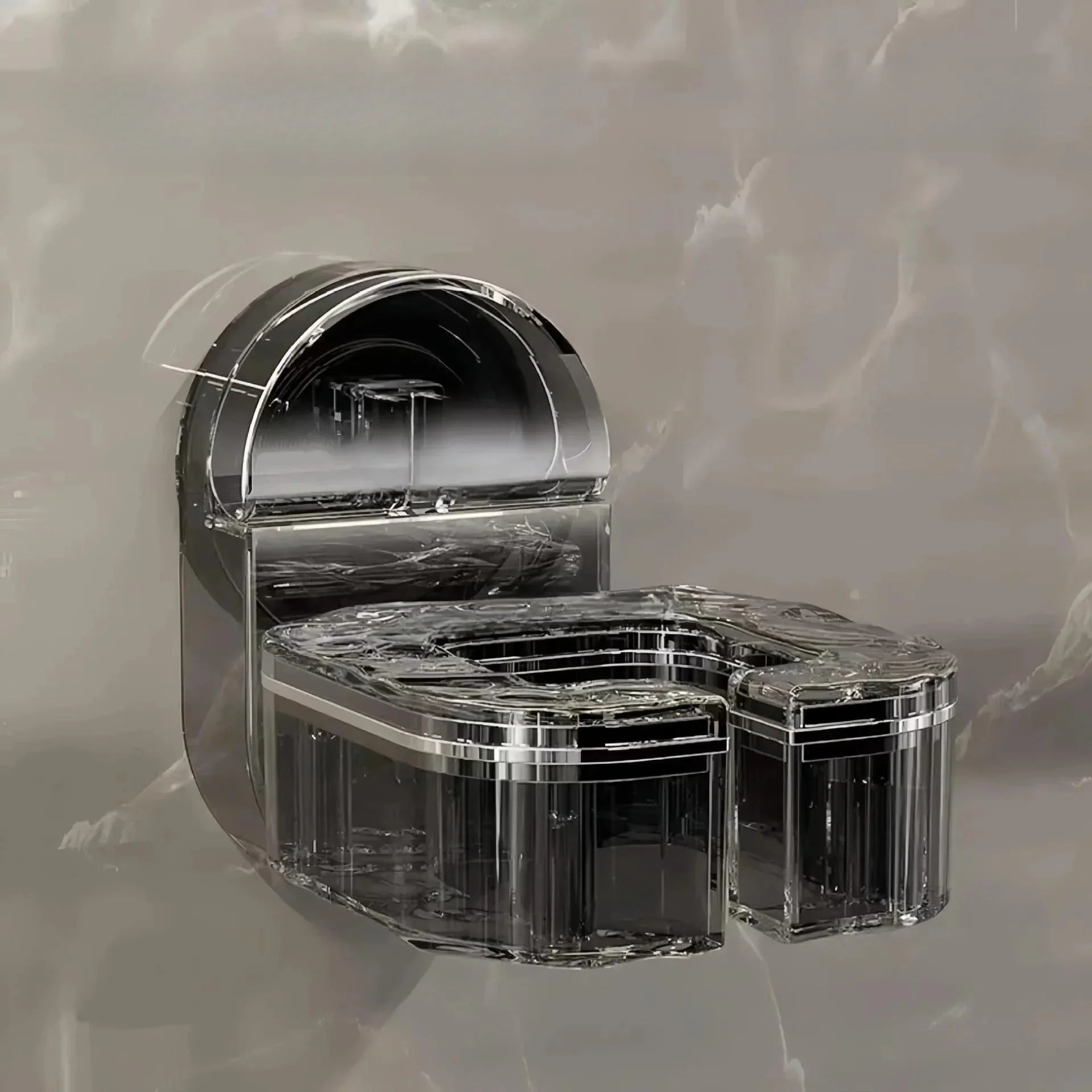Modern transparent toilet with metallic accents against a minimalist marble wall