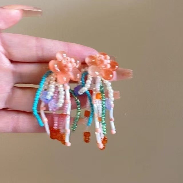 Glazed Flower Beaded Stud Earrings - Modomu