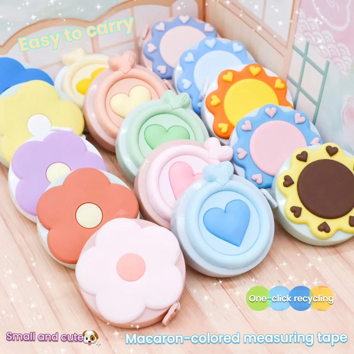 Colorful macaron-shaped measuring tapes in floral and heart designs on wooden surface