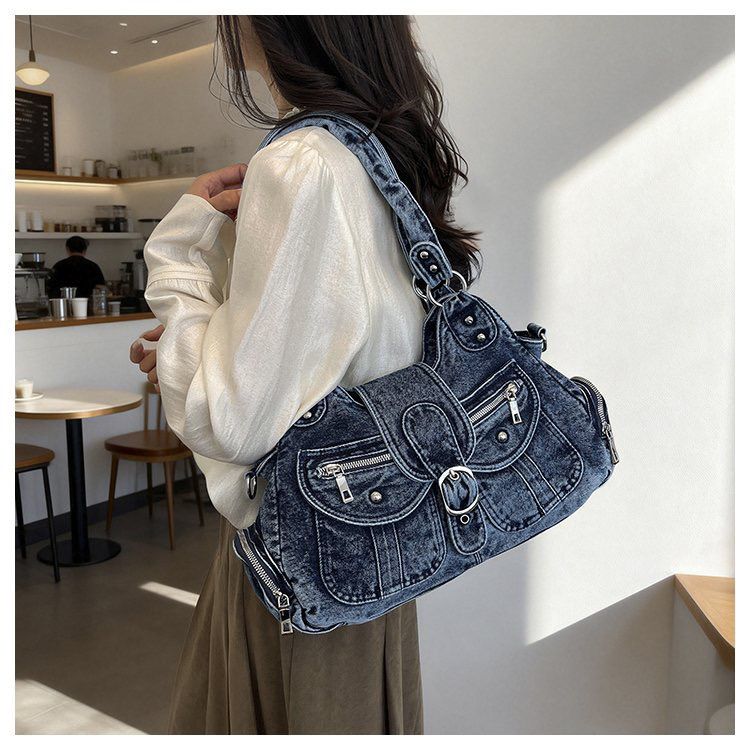 Washed Denim Buckle Shoulder Bag