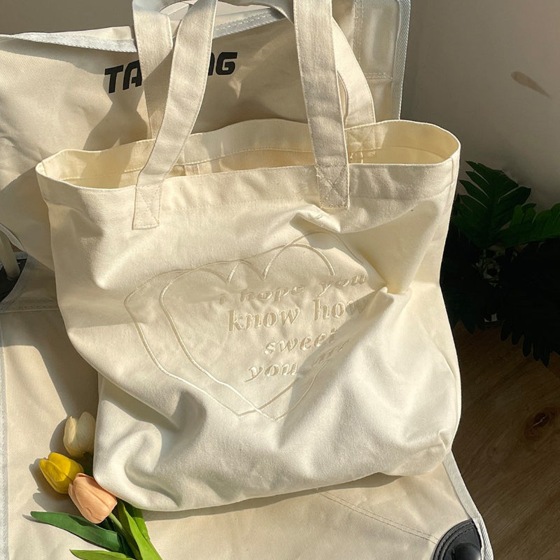 Embroidered Heart Canvas Tote