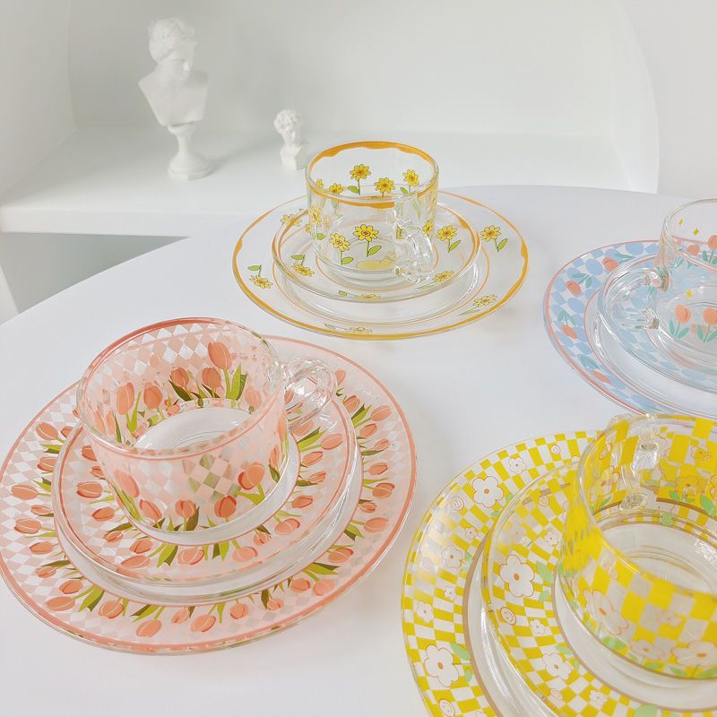 Chequer Print Glass Cup and Saucer