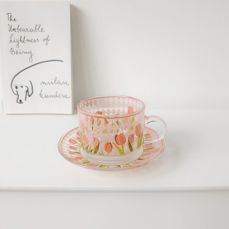Chequer Print Glass Cup and Saucer