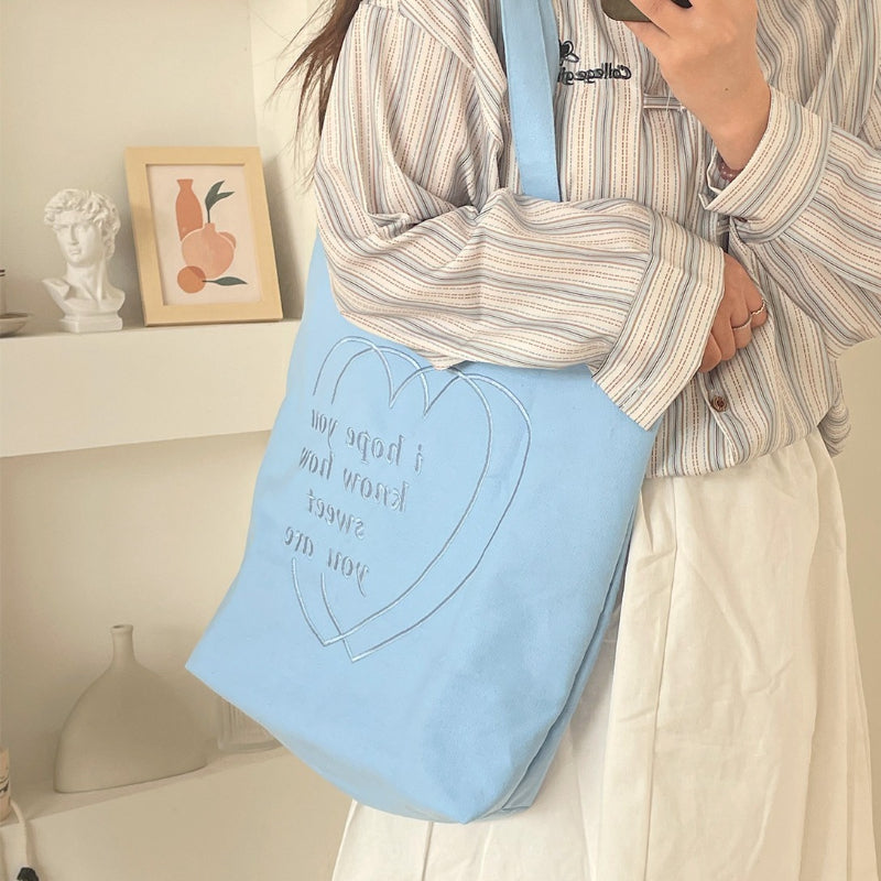 Embroidered Heart Canvas Tote