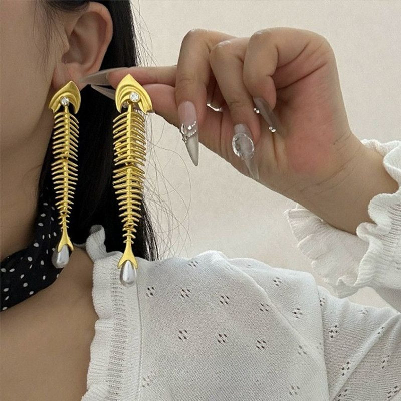 Fish Bone Pearl Stud Earrings