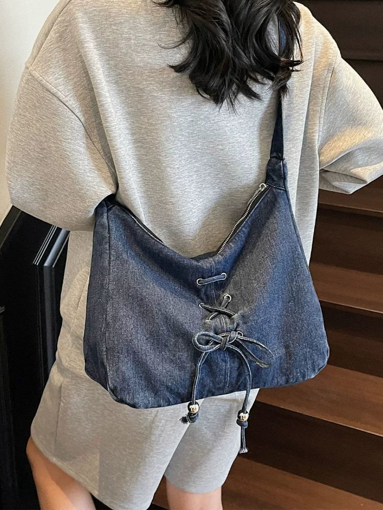 Corset Bow Denim Shoulder Bag