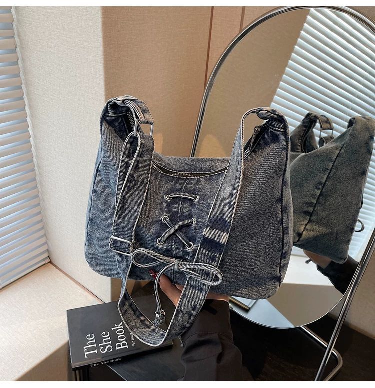 Corset Bow Denim Shoulder Bag