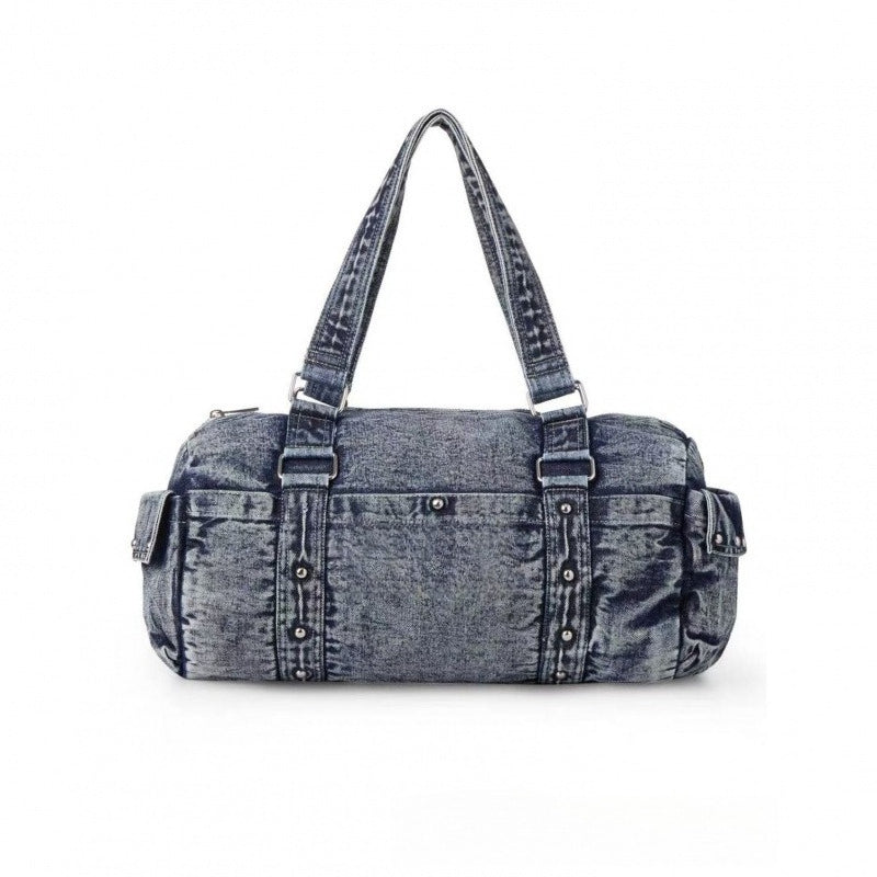 Studded Denim Slouch Bag