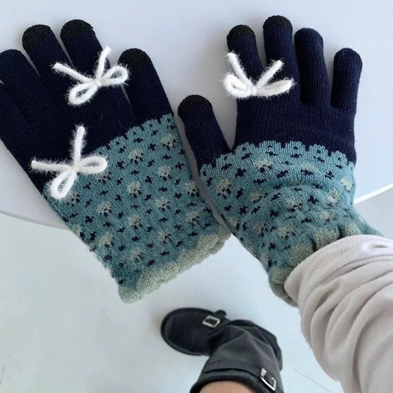 Retro Floral Bow Winter Gloves