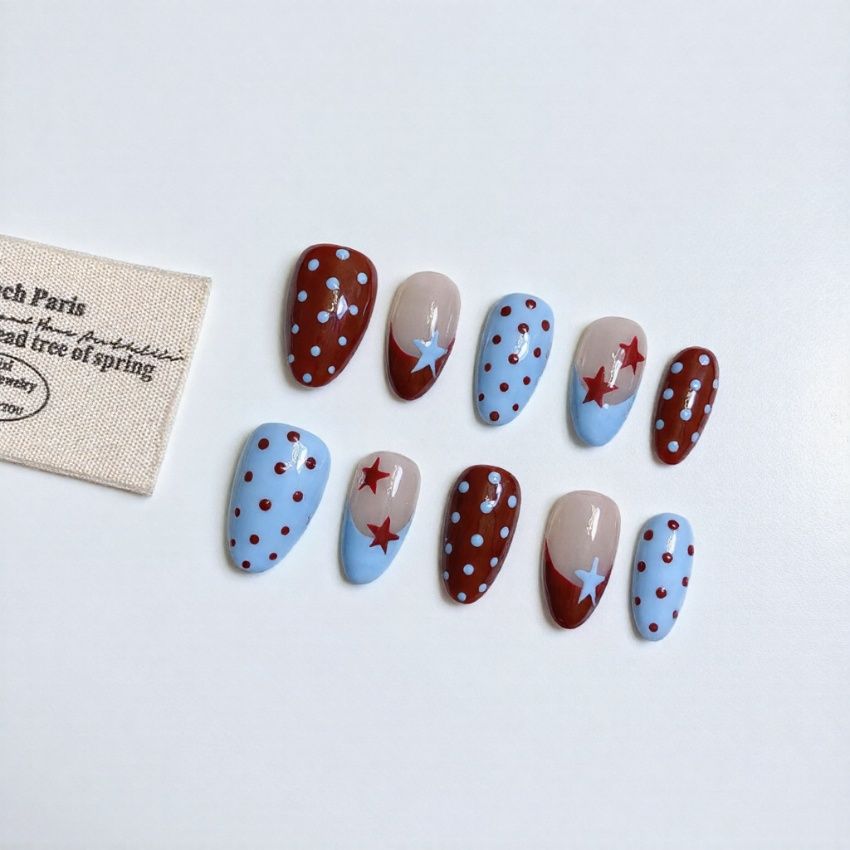 Crimson Star Polka Press-on Nails