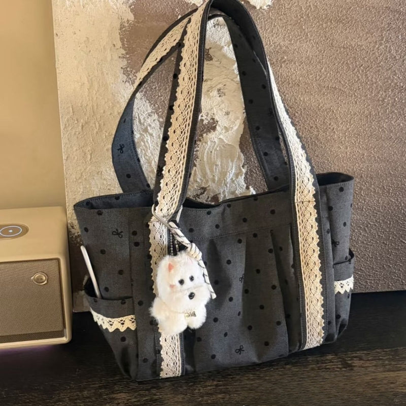 Lace Trim Dotted Tote