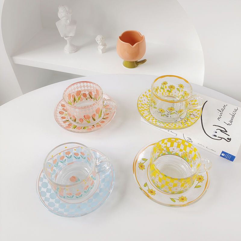 Chequer Print Glass Cup and Saucer