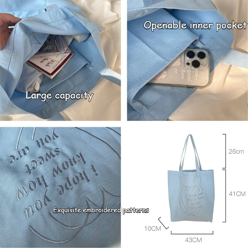 Embroidered Heart Canvas Tote