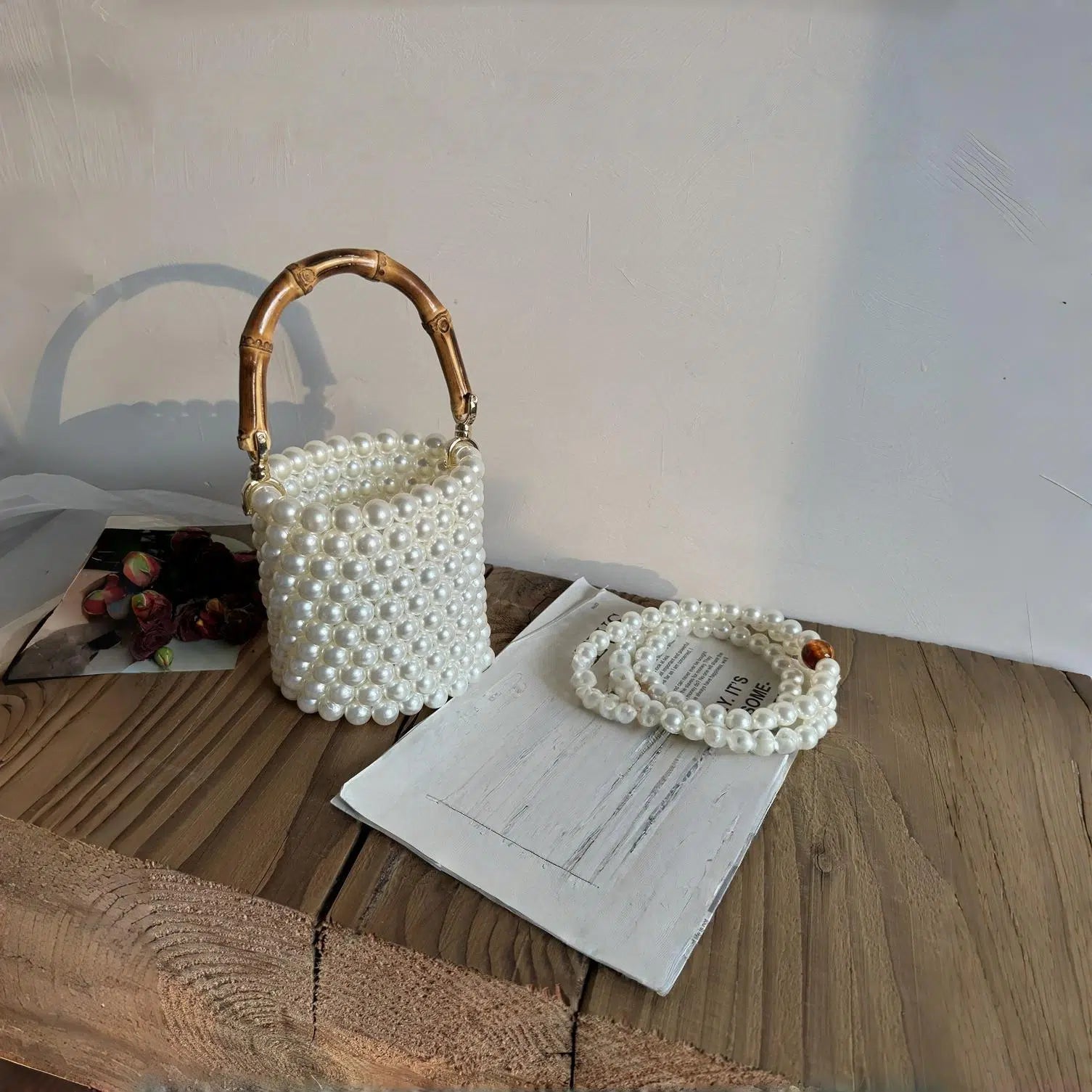 Bamboo Pearl Beaded Bucket Bag