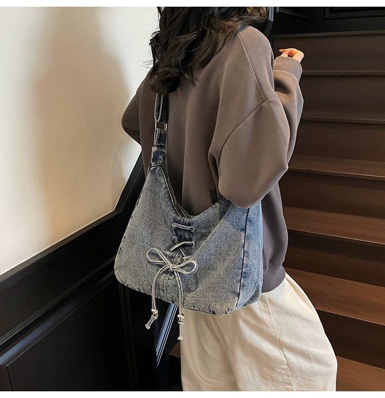 Corset Bow Denim Shoulder Bag