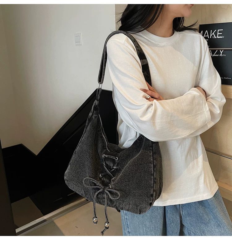Corset Bow Denim Shoulder Bag