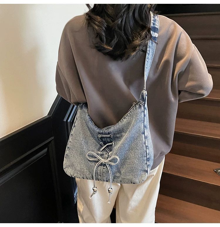 Corset Bow Denim Shoulder Bag