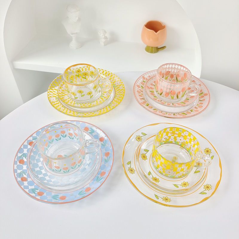 Chequer Print Glass Cup and Saucer