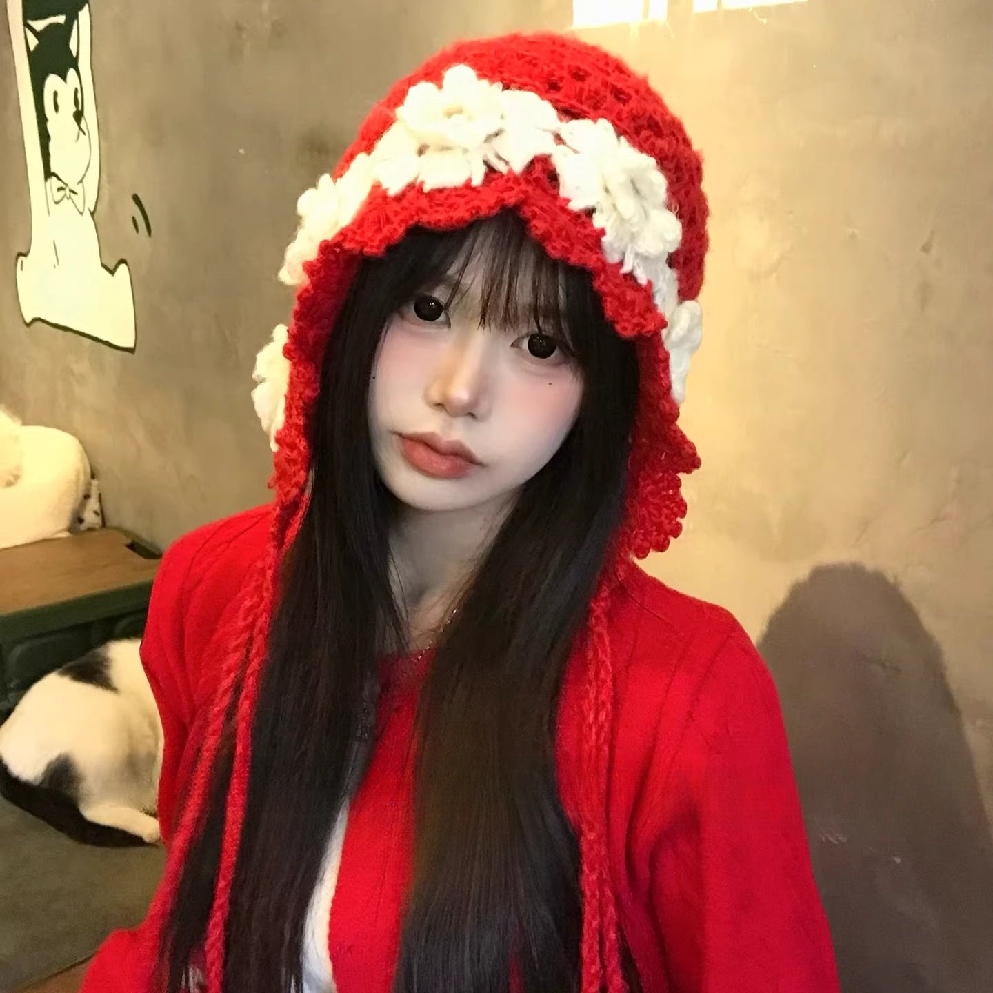 Knit Earflap Hat With Flowers - Modomu