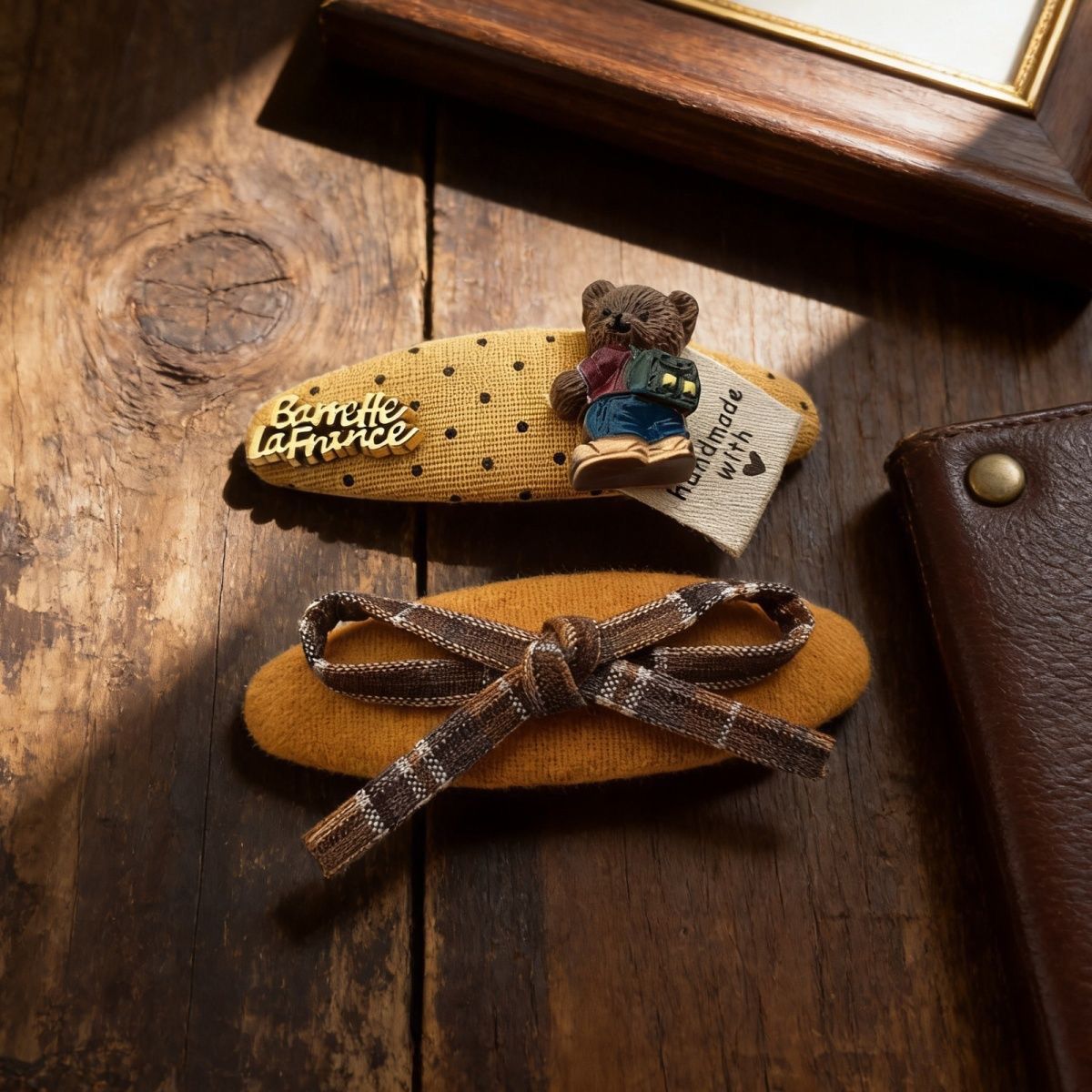Mustard Bear Bow Hair Clips