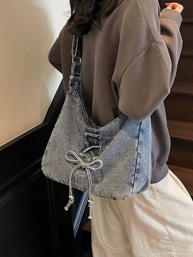 Corset Bow Denim Shoulder Bag