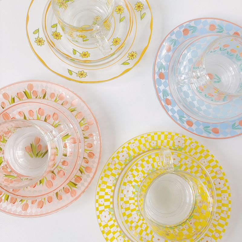 Chequer Print Glass Cup and Saucer