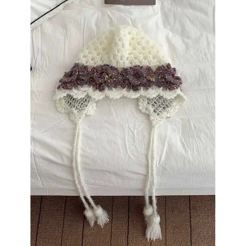 Knit Earflap Hat With Flowers - Modomu