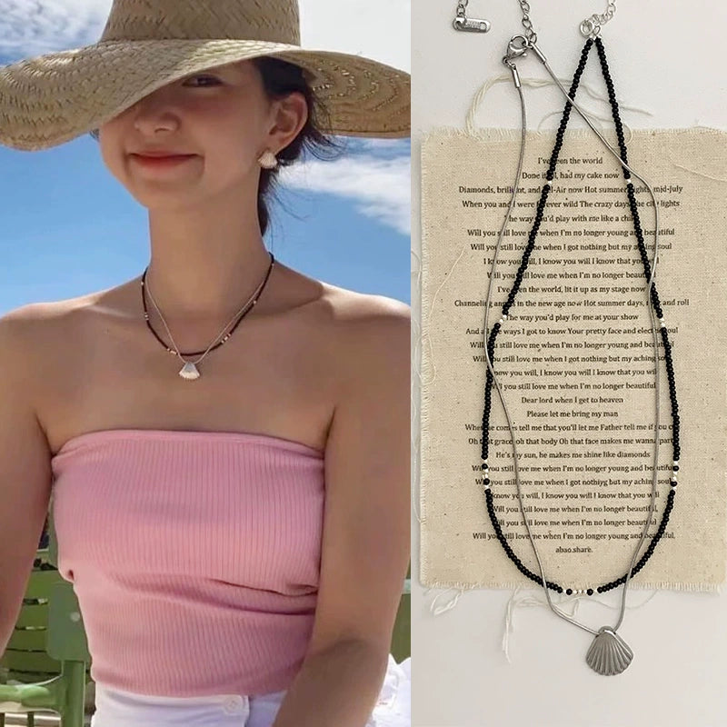 Layered Shell Bead Choker Necklace - Modomu